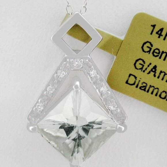 Genuine 3.10 Cts Green Amethyst & Diamond Pendant 14k White Gold - NWT